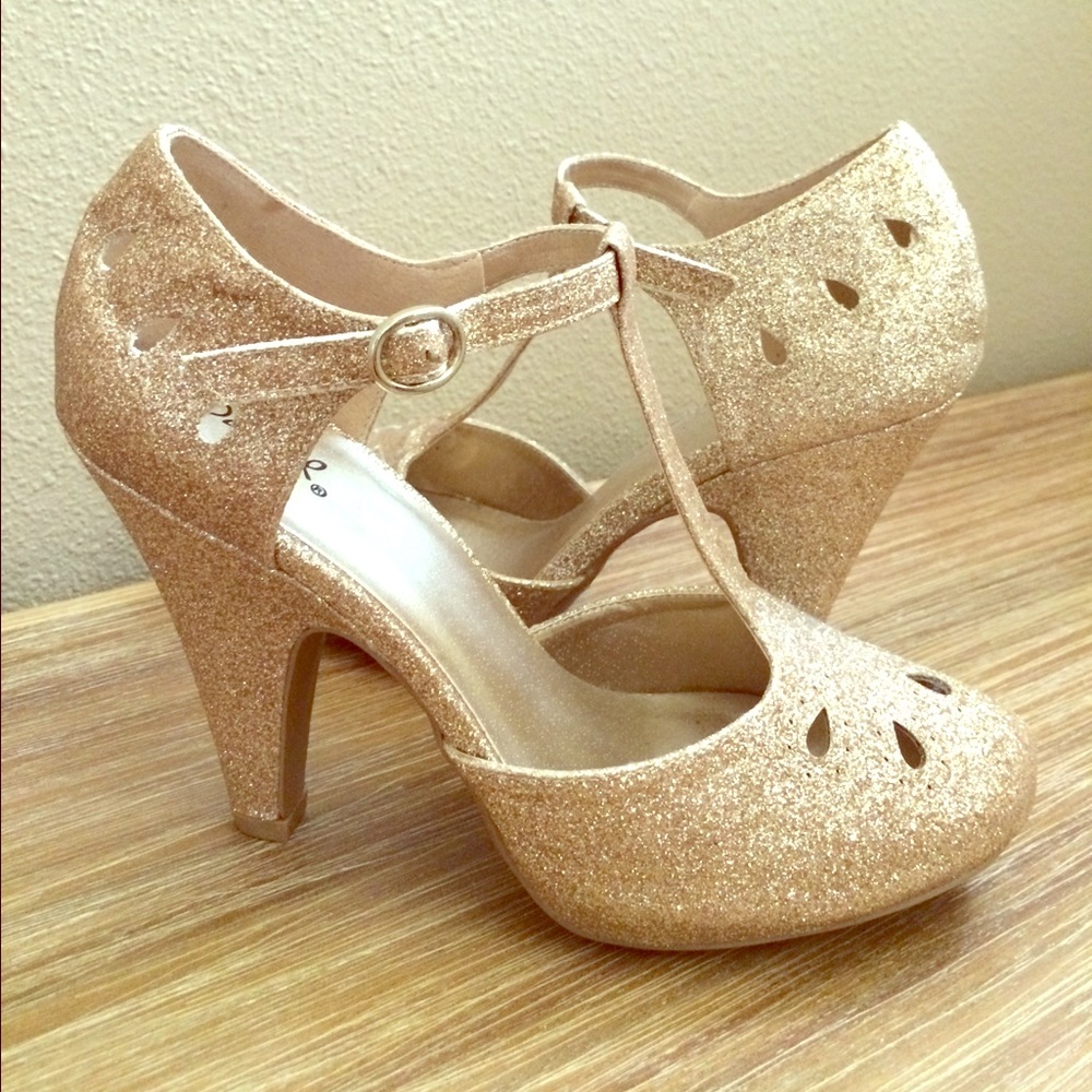 Qupid Modcloth Sparkly Gold T Strap Heels